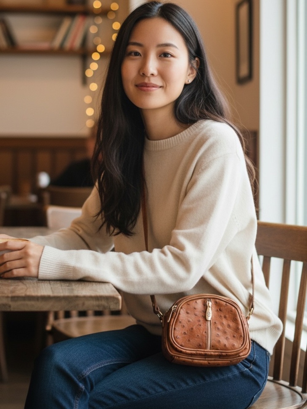 Valentina Brown Ostrich-Embossed Crossbody Bag